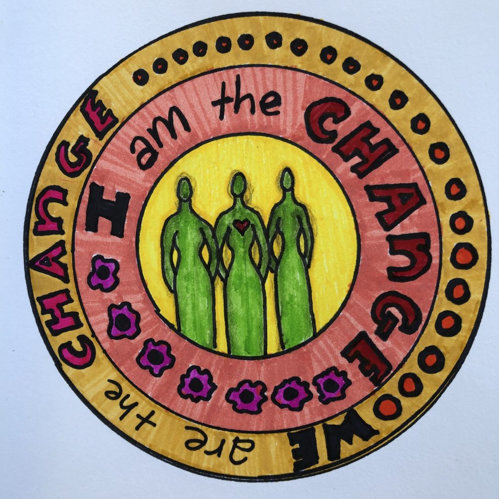 Concentric circles with image of three women in the center and words "I am the change; we are the change."